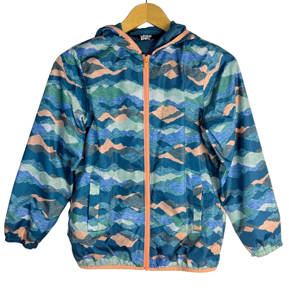 Lands End Kids Packable Rain Jacket Blue Green Mountain Print Size L 10-12